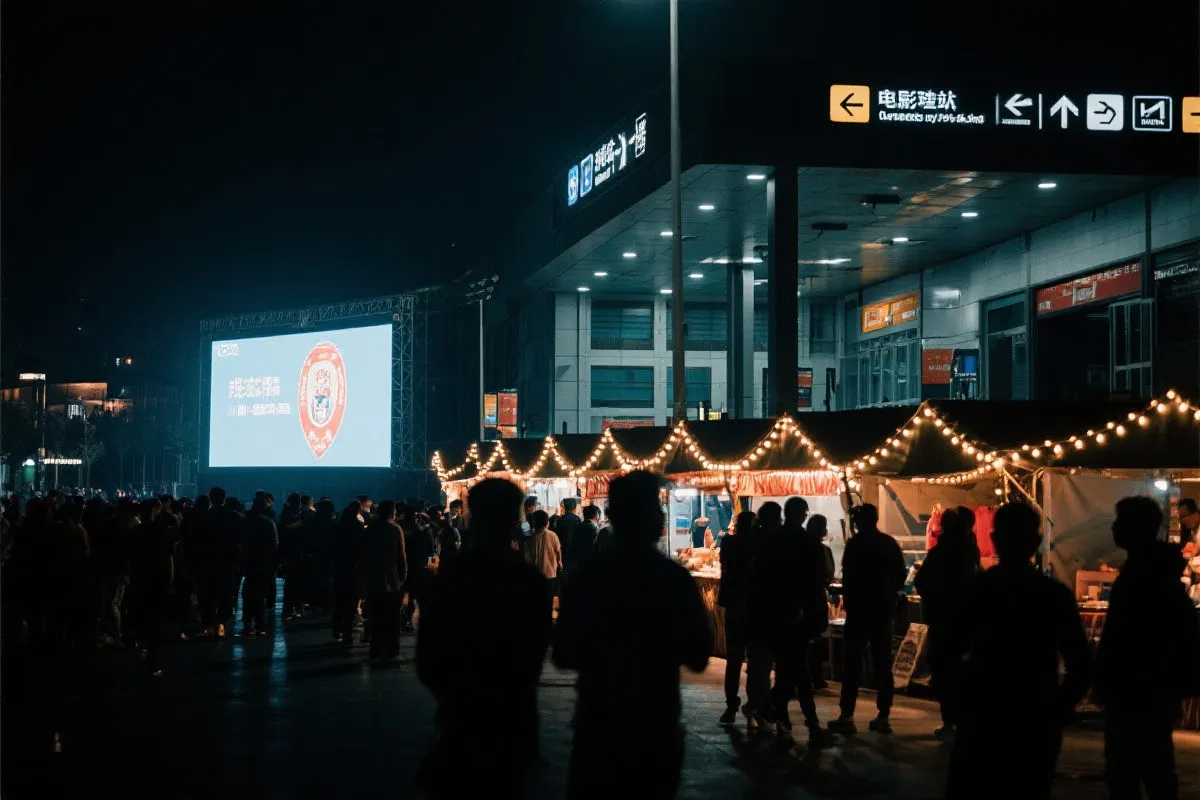 费城球迷广场夜景：大屏观赛人群、步行指示牌与公共交通入口